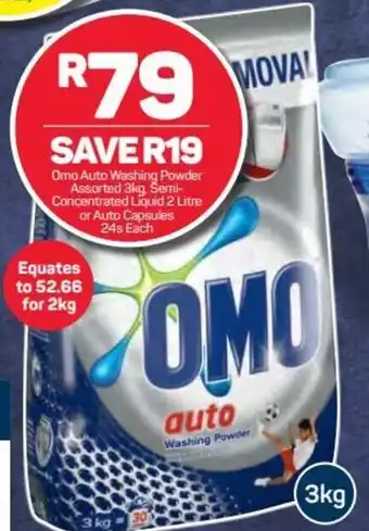 Pick n Pay Omo Auto Washing Powder 3kg, Semi-Concentrated Liquid 2L or Auto Capsules 24s offer