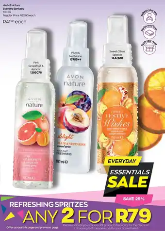 AVON Hint of Nature Scented Spritzes 100ml offer