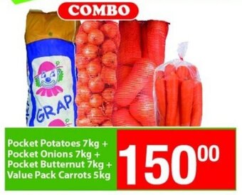 Check Save Pocket Potatoes / Onions / Butternut 7kg + Value Pack Carrots 5kg offer