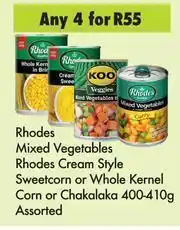 Game Rhodes Mixed Vegetables Rhodes Cream Style Sweetcorn, Whole Kernel Corn Or Chakalaka-For 4x400g/410g offer