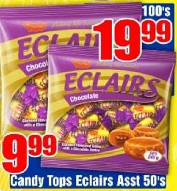 Candy Tops Eclairs Asst 50's offer at Three Star Cash and Carry