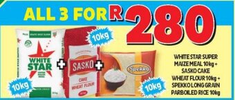 Usave White Star Super Maize Meal 10kg + Sasko Cake Wheat Flour 10kg + Spekko Long Grain Parboiled Rice 10kg offer