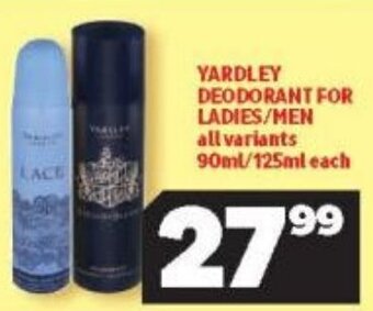 Usave Yardley Deodorant for Ladies / Men All Variants 90ml / 125ml offer