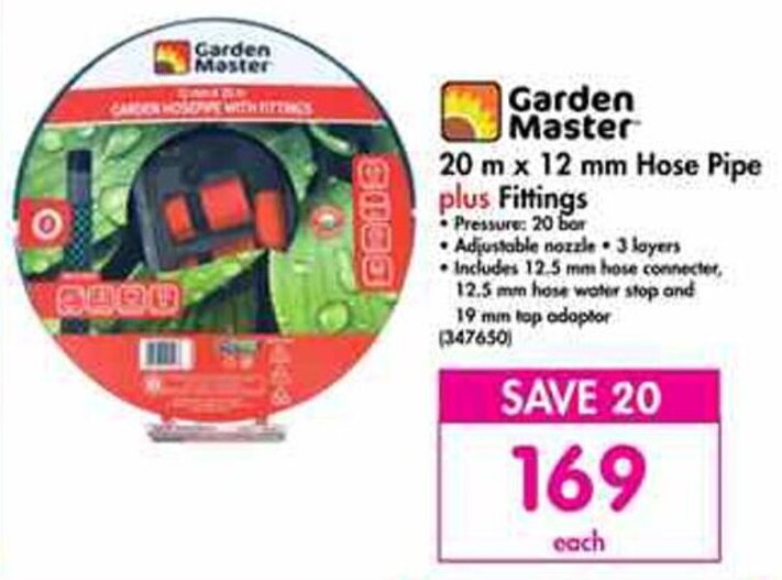 Garden Master Hose Pipe Plus Fittings 20m x 12mm offer at Makro