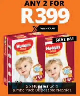 Checkers Huggies Gold Jumbo Pack Disposable Nappies 2's offer