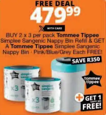 Checkers Tommee Tippee Simplee Sangenic Nappy Bin Refill 2 x 3 per pack + 1 Nappy Bin offer