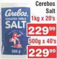 Advance Cash n Carry Cerebos Salt 1kg x 20's offer