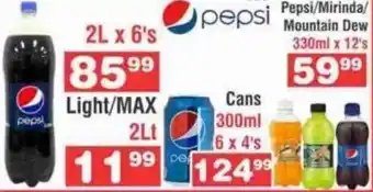 Advance Cash n Carry Pepsi/Mirinda/Mountain Dew 330ml x 12's offer