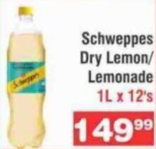 Advance Cash n Carry Schweppes Dry Lemon/Lemonade 1L x 12's offer