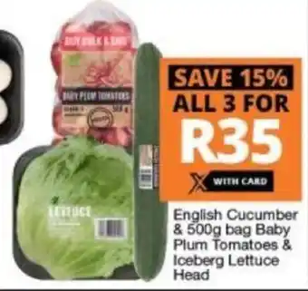 Checkers English Cucumber & 500g bag Baby Plum Tomatoes & Iceberg Lettuce Head offer