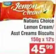 Advance Cash n Carry Nations Choice Lemon Cream/Asst Creams Biscuits 150g x 12's offer