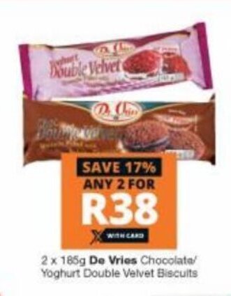 Checkers De Vries Chocolate / Yoghurt Double Velvet Biscuits 2 x 185g offer