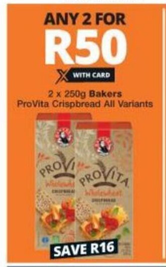 Checkers Bakers ProVita Crispbread All Variants 2 x 250g offer