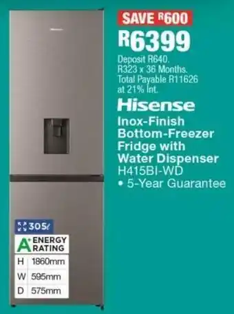 OK Furniture Hisense inox-finish bottom-freezer fridge with water dispenser h415bi-wd offer