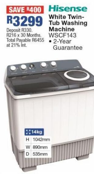 OK Furniture Hisense white twin-tub washing machine wscf143 offer