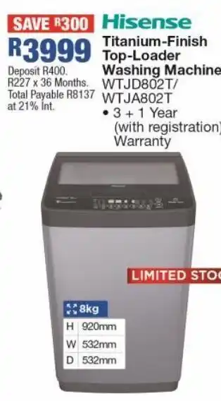 OK Furniture Hisense titanium-finish top-loader washing machine wtjd802t/ wtja802t offer