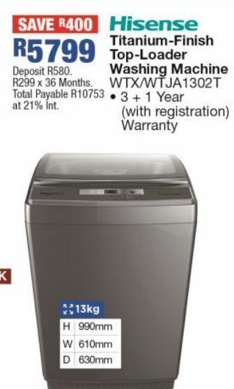OK Furniture Hisense titanium-finish top-loader washing machine wtx/wtja1302t offer