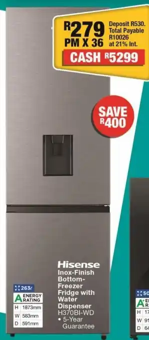 OK Furniture Hisense inox-finish bottom-freezer with water dispenser h370bi-wd offer