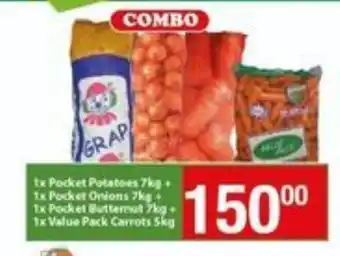 Check Save 1x Pocket Potatoes 7kg + 1x Pocket Onions 7kg + 1x Pocket Butternut 7kg + 1x Value Pack Carrots 5kg offer