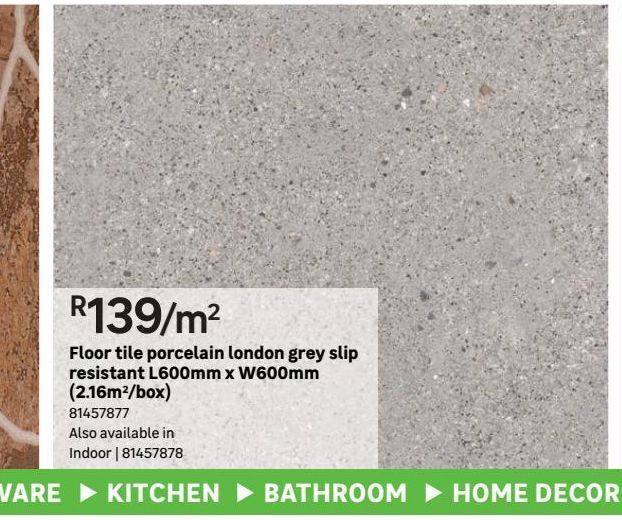 Floor tiles porcelain london grey slip resistant l600mm x w600mm (2