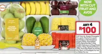 Pick n Pay PnP Kiwi 4s, Queen Pineapple Pre-pack, Red Globe or Red Seedless Grapes 500g, Granadillas 500g, Bananas Box 1.2kg offer