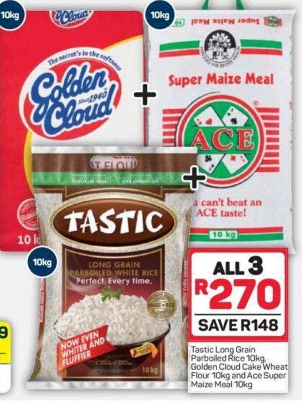 Tastic Long Grain Parboiled Rice 10kg, Golden Cloud Cake Wheat Flour