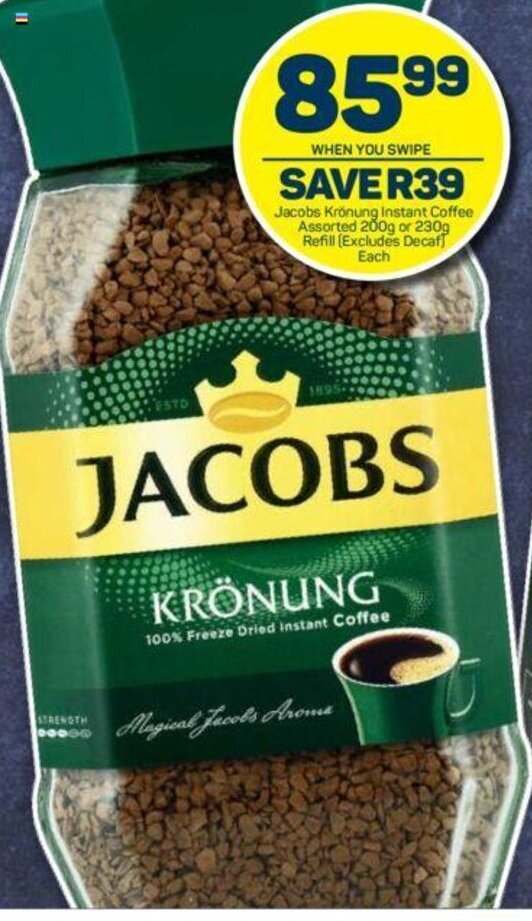 Jacobs Krönung Instant Coffee Assorted 200g or 230g offer at Pick n Pay