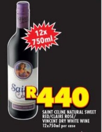 Shoprite Liquor Saint Celine Natural Sweet Red/Claire Rosé/ Vincent Dry White Wine 12x750ml offer