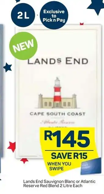 Pick n Pay Liquor Lands End Sauvignon Blanc or Atlantic Reverse Red Blend 2 Litre offer