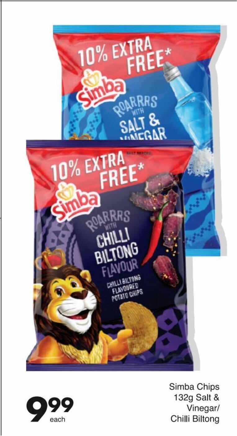 Simba Chips 132g Salt & Vinegar / Chilli Biltong offer at Save