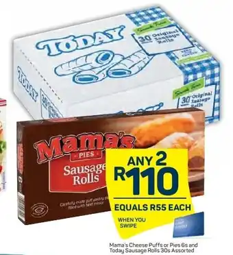Pick n Pay Mama's Cheese Puffs or Pies 6s and Today Saugase Rolls 30s Assorted offer