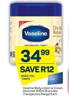 Pick n Pay Vaseline Body Lotion or Cream Assorted 400ml offer