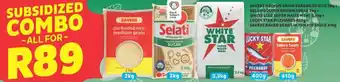 Usave Savers Medium Grain Parboiled Rice 2kg+Selati GOlden Brown Sugar 2kg+White Star Super Maize Meal 2,5kg+Lucky Star Pilchards offer
