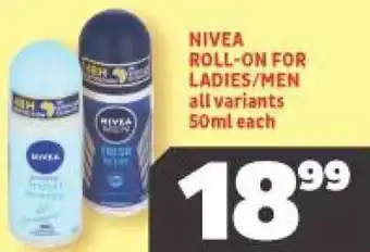 Usave Nivea Roll-on For Ladies/Men 50ml offer