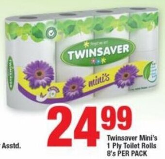 OK Foods Twinsaver Mini's 1 Ply Toilet Rolls 8's per pack offer