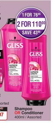 Dis-Chem Schwarzkopf Gliss Shampoo Or Conditioner (Assorted)-400ml offer