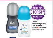 Dis-Chem Dove Anti Perspirant Roll On For Men Or Women (Assorted)-50ml offer