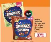 Dis-Chem Nestle Smarties Buttons Milk Or White Chocolate Pouch-85g Each offer