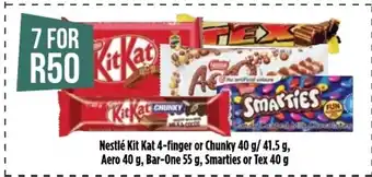 Food Lover's Market Nescafé Kit Kat 4- finger or Chunky 40g/41.5g, Aero 40g, Bar-One 55g, Smarties or Tex 40g offer