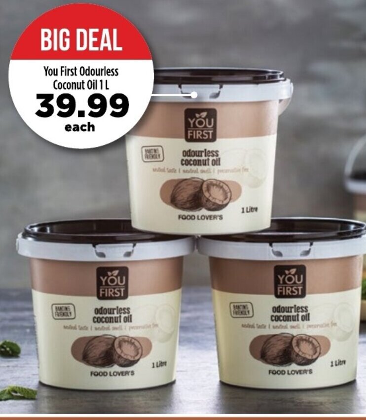 You First Odourless Coconut Oil 1L offer at Food Lover's Market