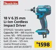 Builders Warehouse Makita 18V 6.35mm Li-Ion Cordless Impact Driver DTD152Z offer