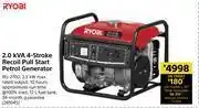 Builders Warehouse Ryobi 2.0 KVA 4 Stroke Recoil Pull Start Petrol Generator RG-2700 offer