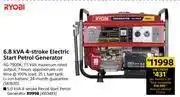 Builders Warehouse Ryobi 6.8 KVA 4 Stroke Electric Start Petrol Generator RG-7900K offer