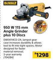 Builders Warehouse Dewalt 950W 115mm Angle Grinder Plus 10 Discs DWE4114CD-ZA offer