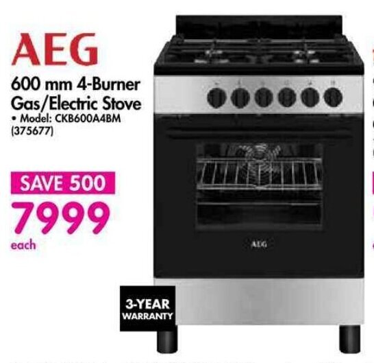 AEG 600mm 4Burner Gas/Electric Stove offer at Makro