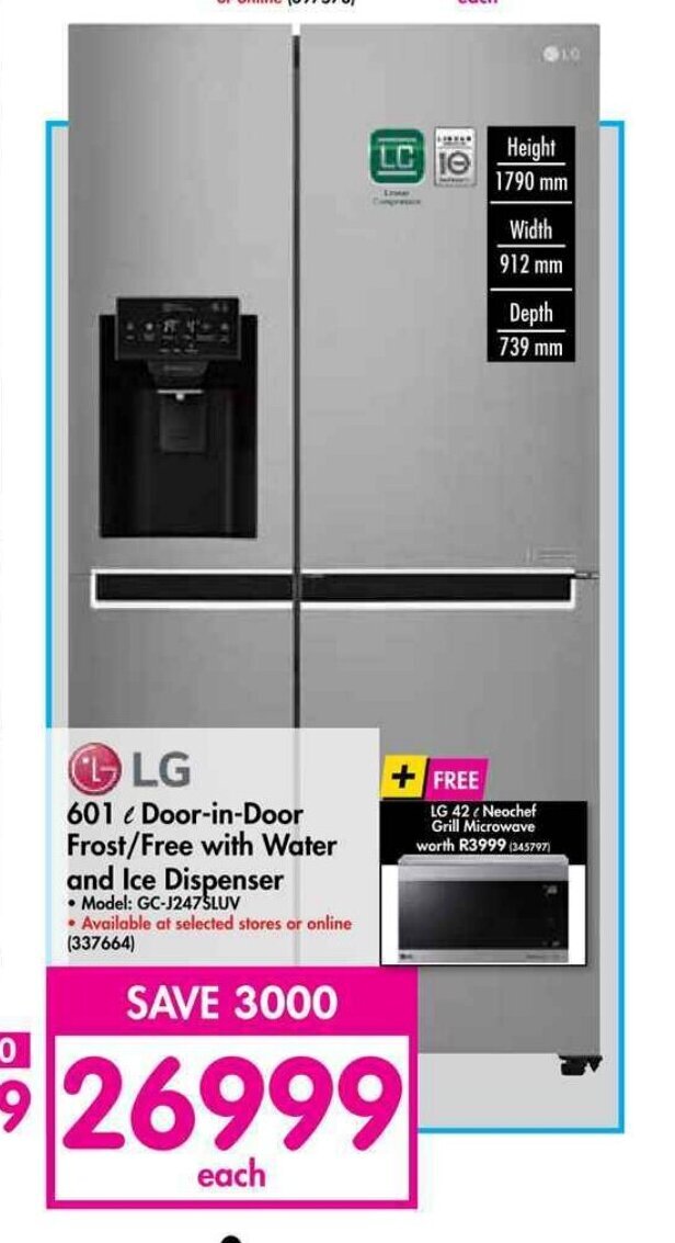 LG 601L DoorinDoor Frost/Free with Water and Ice Dispenser offer at Makro