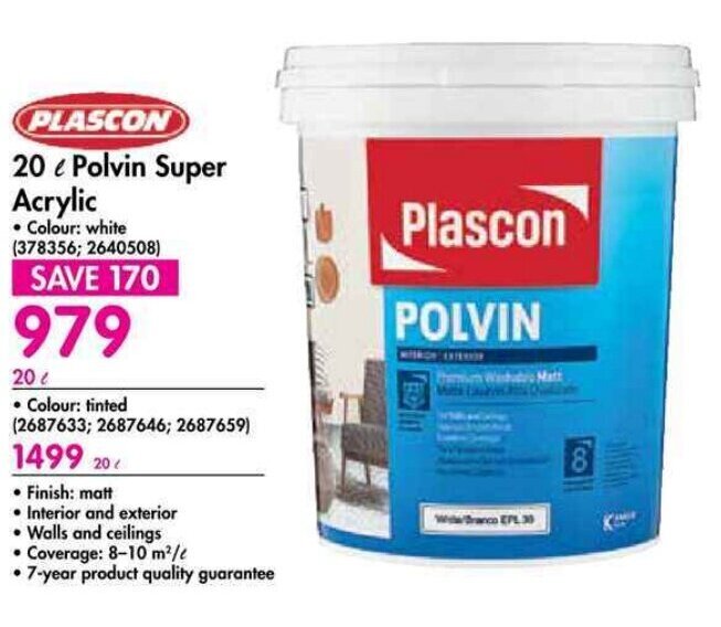 Plascon 20L Polvin Super Acrylic offer at Makro