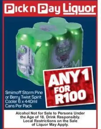 Smirnoff Storm Pine or Berry Twist Spirit Coo;er 6 x 400 ml Cans per pack