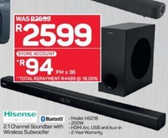 Pick n Pay Hisense - 2.1 Channel Soundbar with Wireless Subwoofer offer
