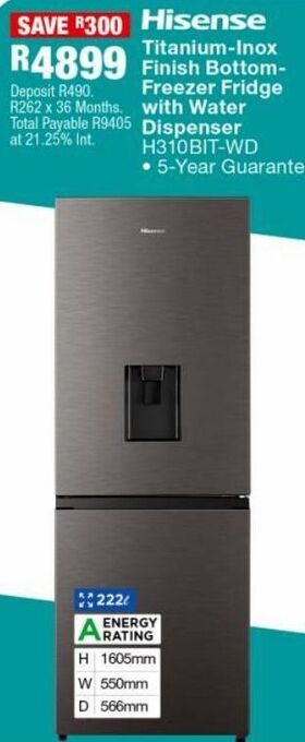 Titanium inox finish bottom freezer fridge with water dispenser h310bit-wd